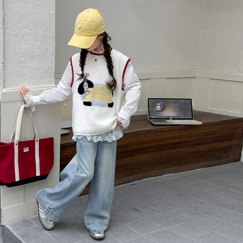 女童针织马甲衬衫三件套春季2025新款儿童洋气中大童时髦春装套装