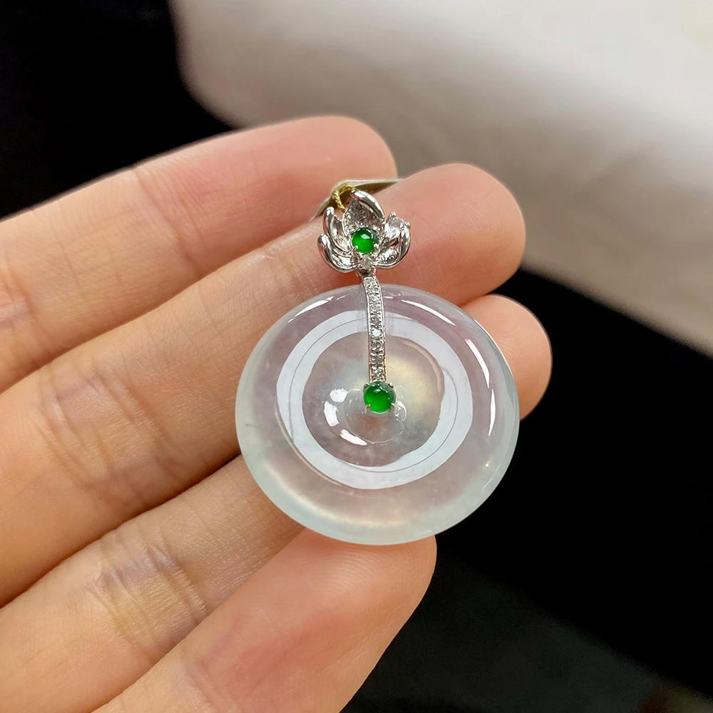 如意宝珠宝 天然玉坠A货翡翠18K金翡翠平安扣玉石正品吊坠1-B4