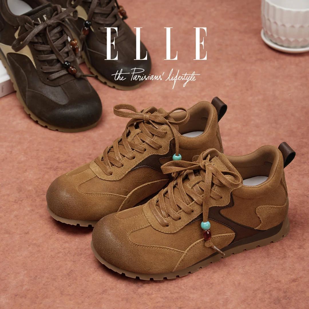 ELLE厚底复古德训鞋2025新款冬季美拉德棕色大头鞋隐形内增高女鞋