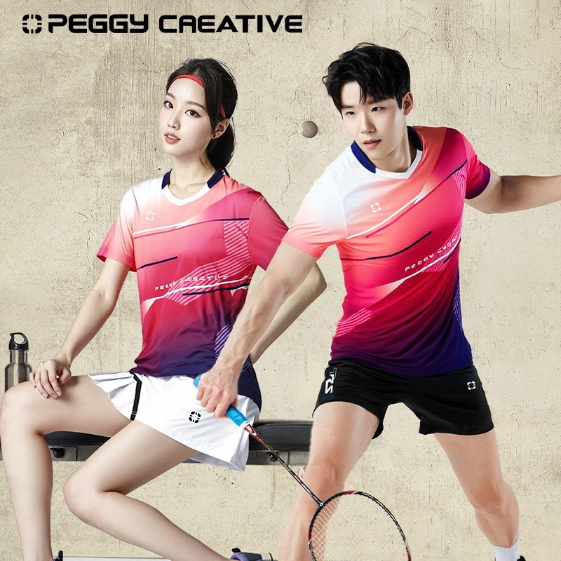 韩国佩极羽毛球服男女彩色拼接透气显瘦修身速干V领轻薄T恤上衣