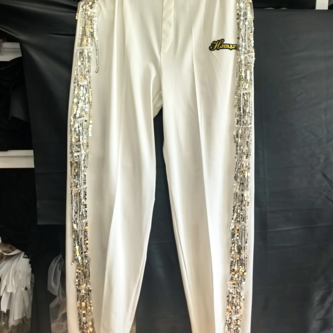 长裤男拉丁摩登舞台表演白色亮上衣网纱轻奢