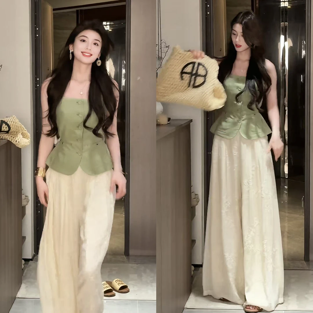 2025夏季新款法式高级感方口领系带无袖上衣气质高腰显瘦阔腿长裤