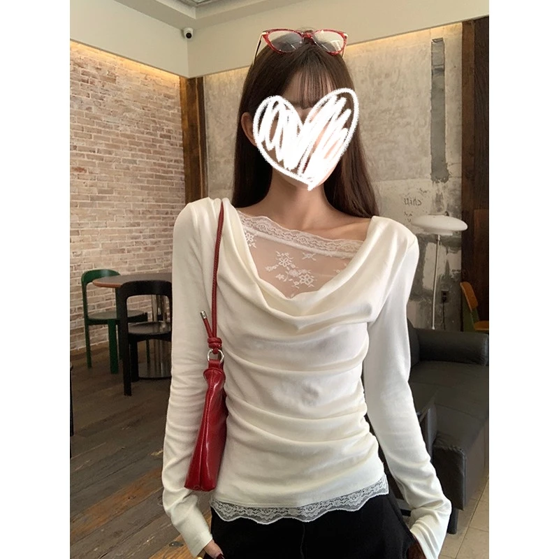 白色蕾丝花边长袖t恤女春设计感纯欲斜肩拼接上衣薄款防晒35837