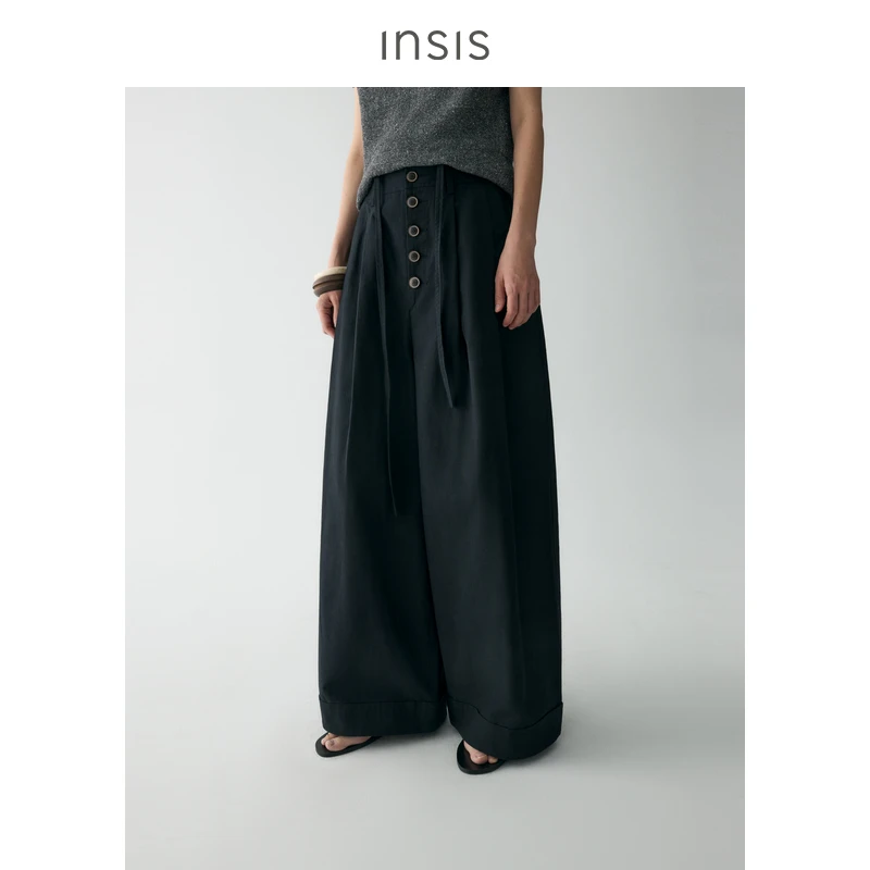 INSIS FEMME亚麻棉2025夏季新款门襟扣饰双褶裥弧形长裤阔腿裤女