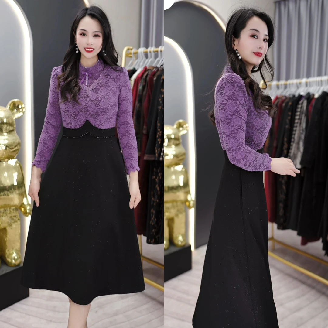 2025春季新款加绒假两件法式拼接撞色女人味气质长袖连衣裙中长款