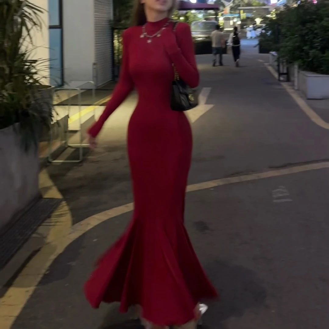 【步步生莲】半高领连衣裙气质修身显瘦包臀长款宴会鱼尾大摆长裙子