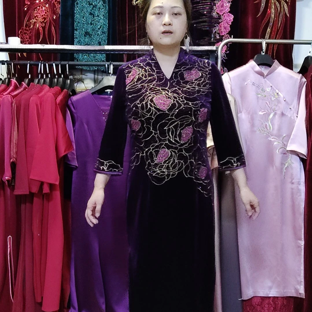 紫色金丝绒重工中长两侧开叉包臀裙2xl125斤以内