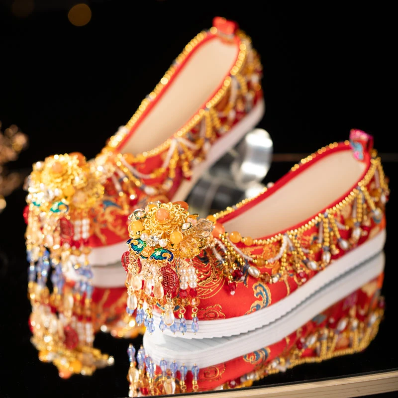 【高档婚鞋】明制中式秀禾鞋重工古风增高红色新娘绣花香槟色婚鞋