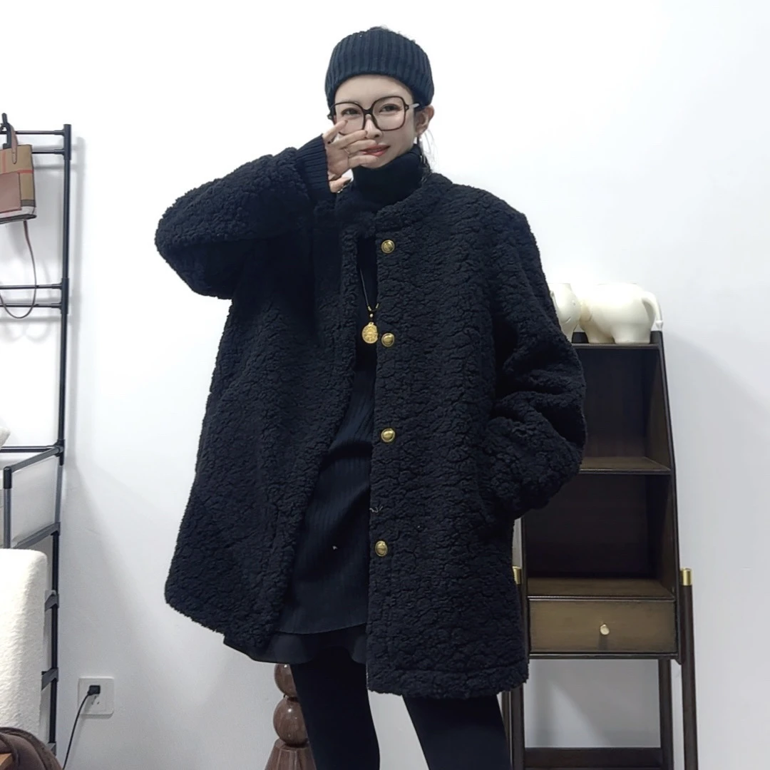 【芬芬姐精选】冬季圆领外套女中长款颗粒羊剪绒大衣保暖