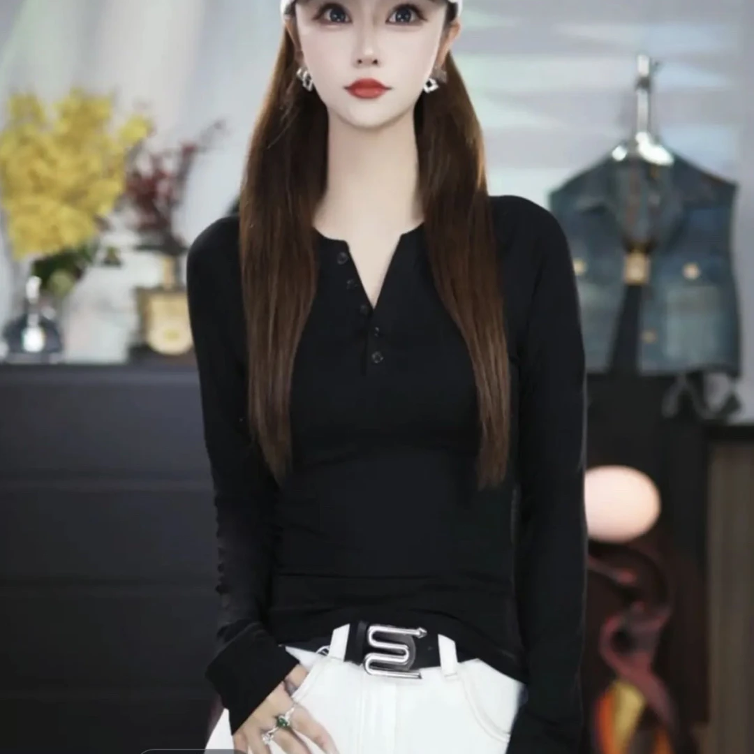 荷叶边杂志风长袖V领纽扣针织T恤短款秋季立领修身