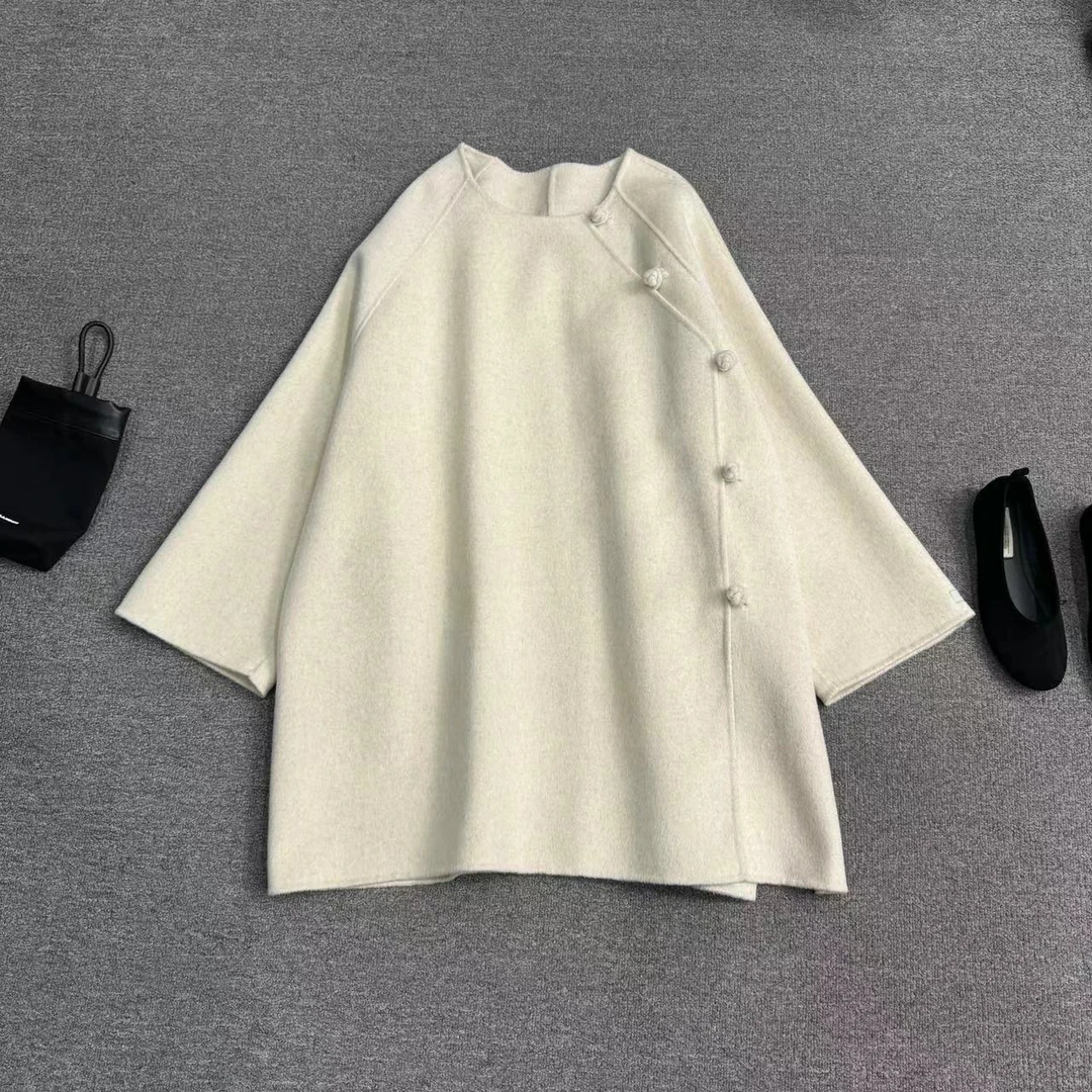 瑶睿安240斤 原创设计双面绒纯手工新中式斜襟大衣气质中长款522