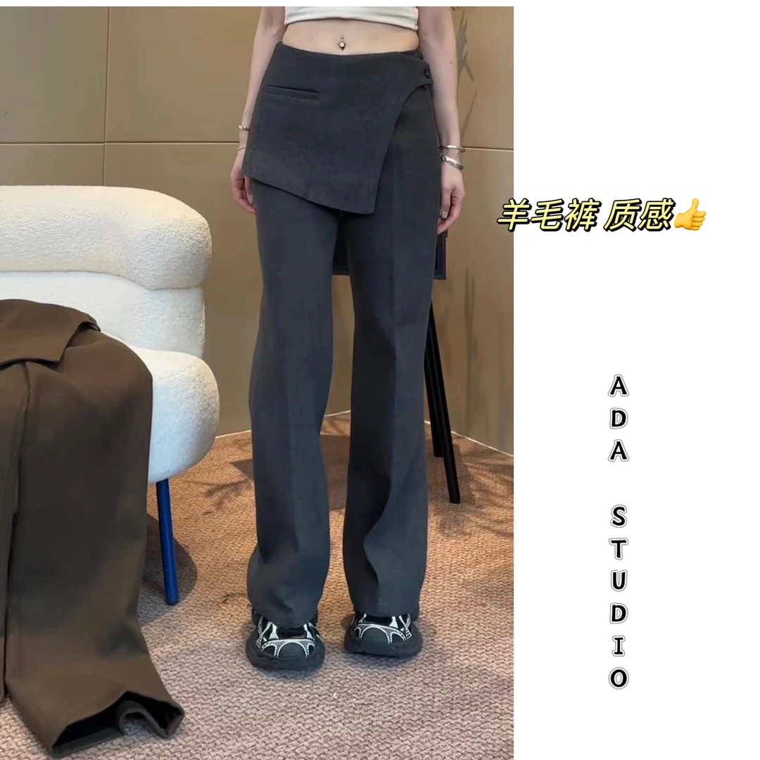Ada定制【穿点不一样】复古羊毛假两件裙裤不规则休闲阔腿裤女秋冬