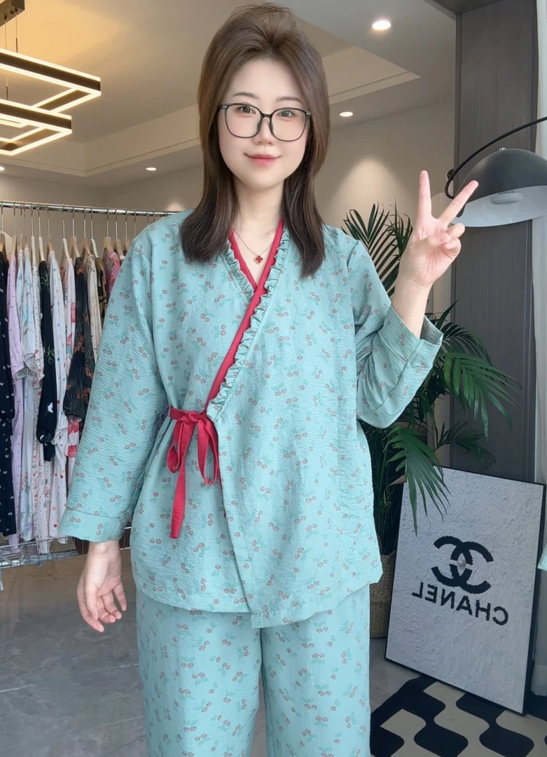 双纱棉套装女士棉纱睡衣套装长袖柔软四季棉纱家居服套装休闲外穿