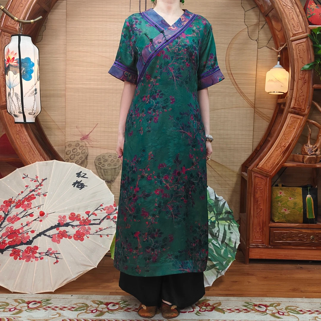 40姆米100桑蚕丝双面提花红云纱吉祥玉兰花汉服领连衣裙新中式