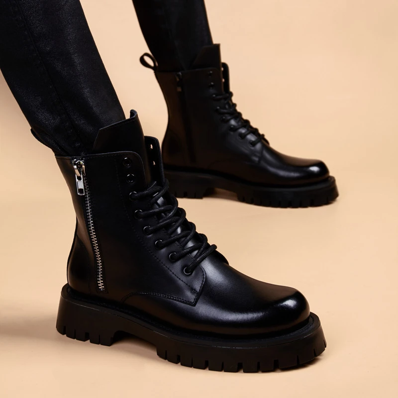 EAEOVNI酷帅靴男工装靴英伦高帮厚底增高皮靴黑色百搭男靴