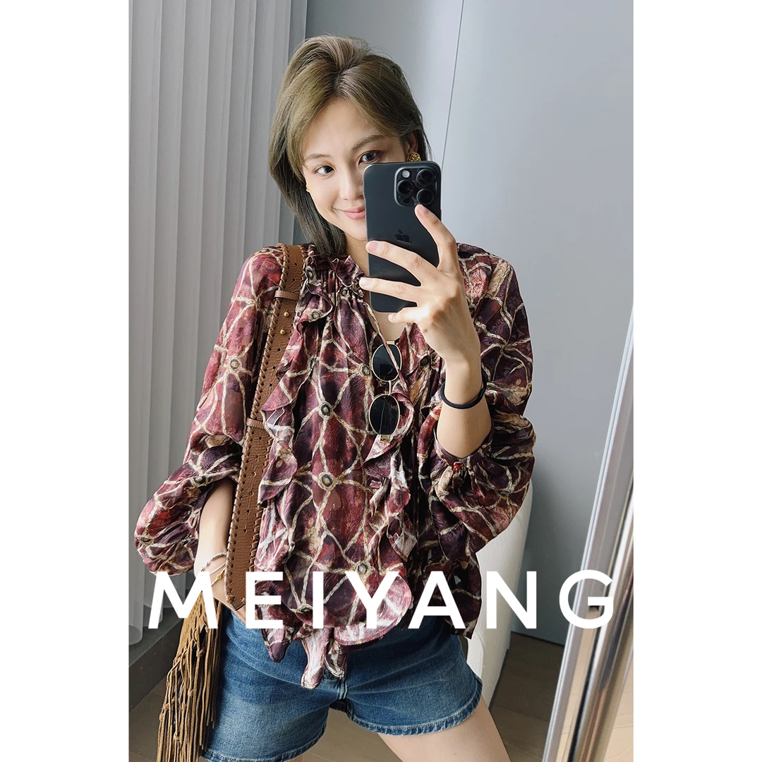 美洋MEIYANG 凤凰花衬衫 复古回潮~印花荷叶边立V领排扣上衣