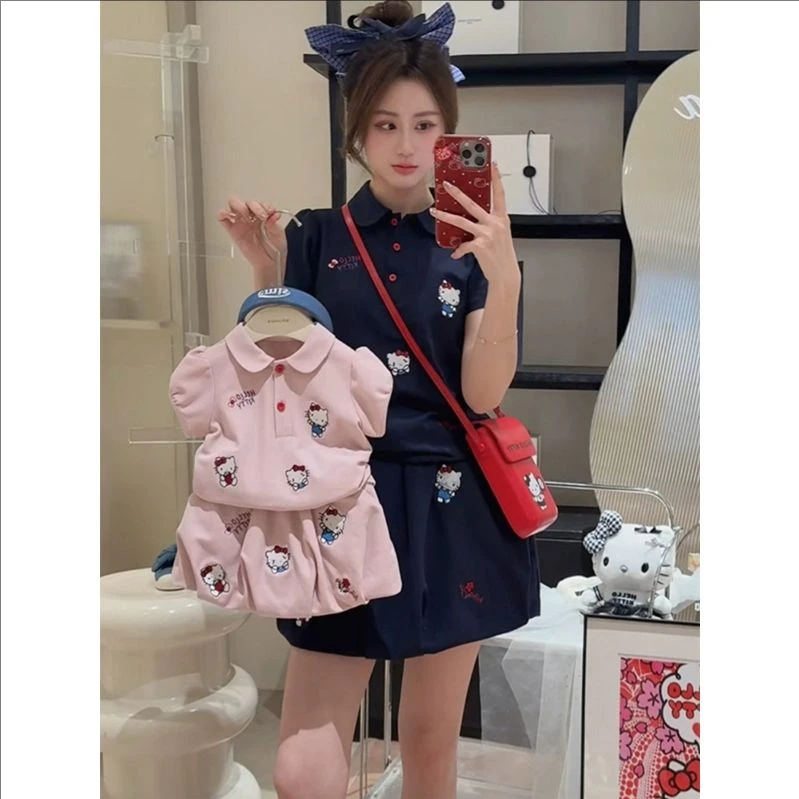 女童套装夏装2025新款洋气母女亲子装短袖两件套女孩春夏KT猫衣服