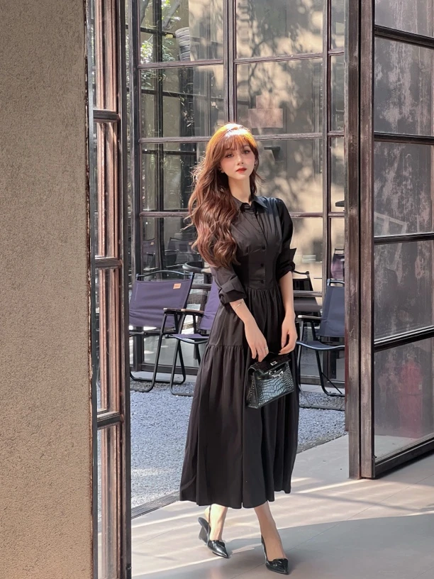 《月光皎洁》法式白色衬衫连衣裙女长裙高级感气质御姐风裙子＃8511