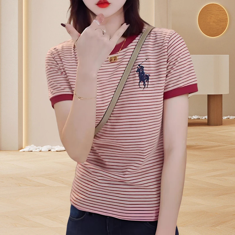 夏季条纹正肩t恤女款短袖2025韩版百搭减龄小衫洋气休闲女士上衣