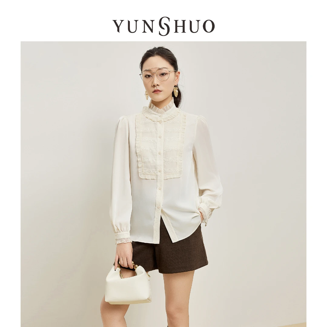 允硕时尚百搭气质立领花边复古上衣女春秋新品衬衣339784