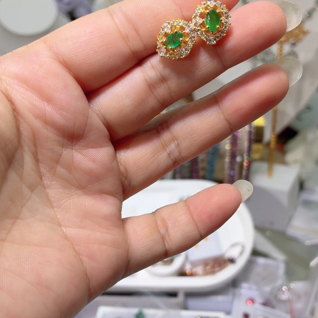 银S925镀金镶嵌耳饰祖母绿 瑕疵能接受拍