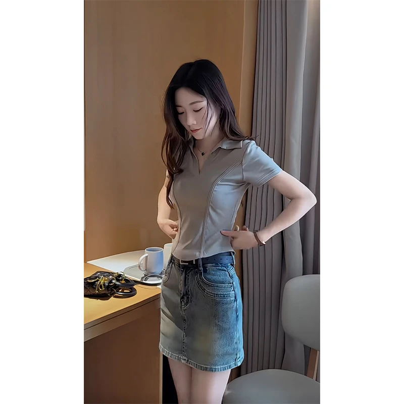 夏季新款Polo领正肩显瘦鱼骨线不规则V领短袖t袖百搭气时尚上衣女