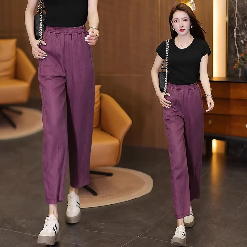 紫色九分天丝亚麻哈伦裤女2025夏季新款薄款梨型身材休闲镰刀裤子