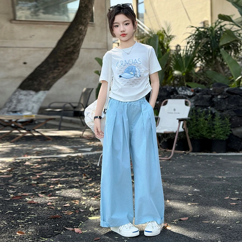 女童夏装套装3-15岁6抽绳刺绣帽T恤上衣女大童薄款阔腿裤两件套潮