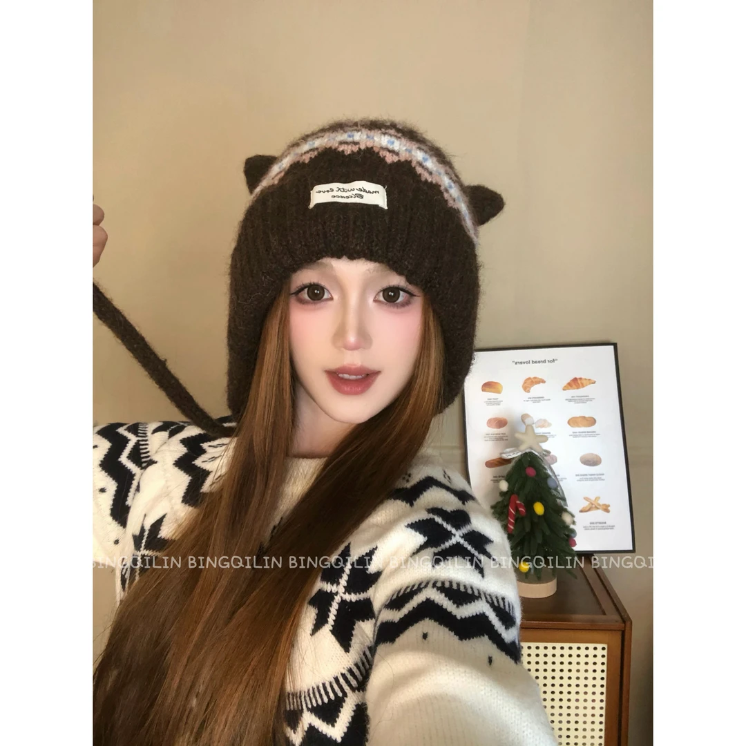 韩版百搭毛线帽针织帽加厚雷锋帽秋冬季冬季防风帽子秋冬骑车