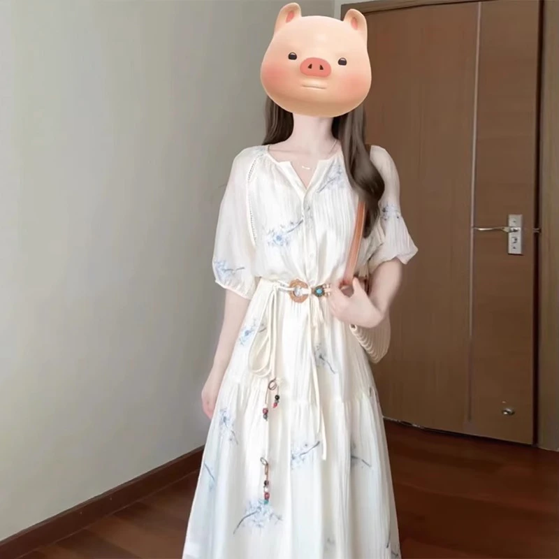 法式高级感碎花短袖连衣裙子女夏新款温柔气质系带收腰长裙3486