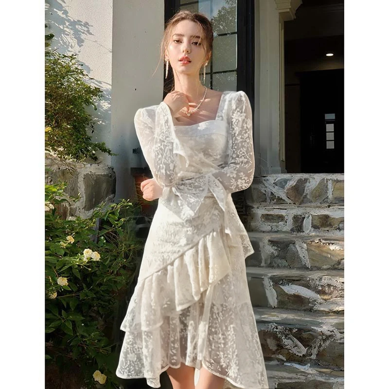 【有里布】2025春秋款重工白色蕾丝长袖连衣裙法式复古公主裙D3252
