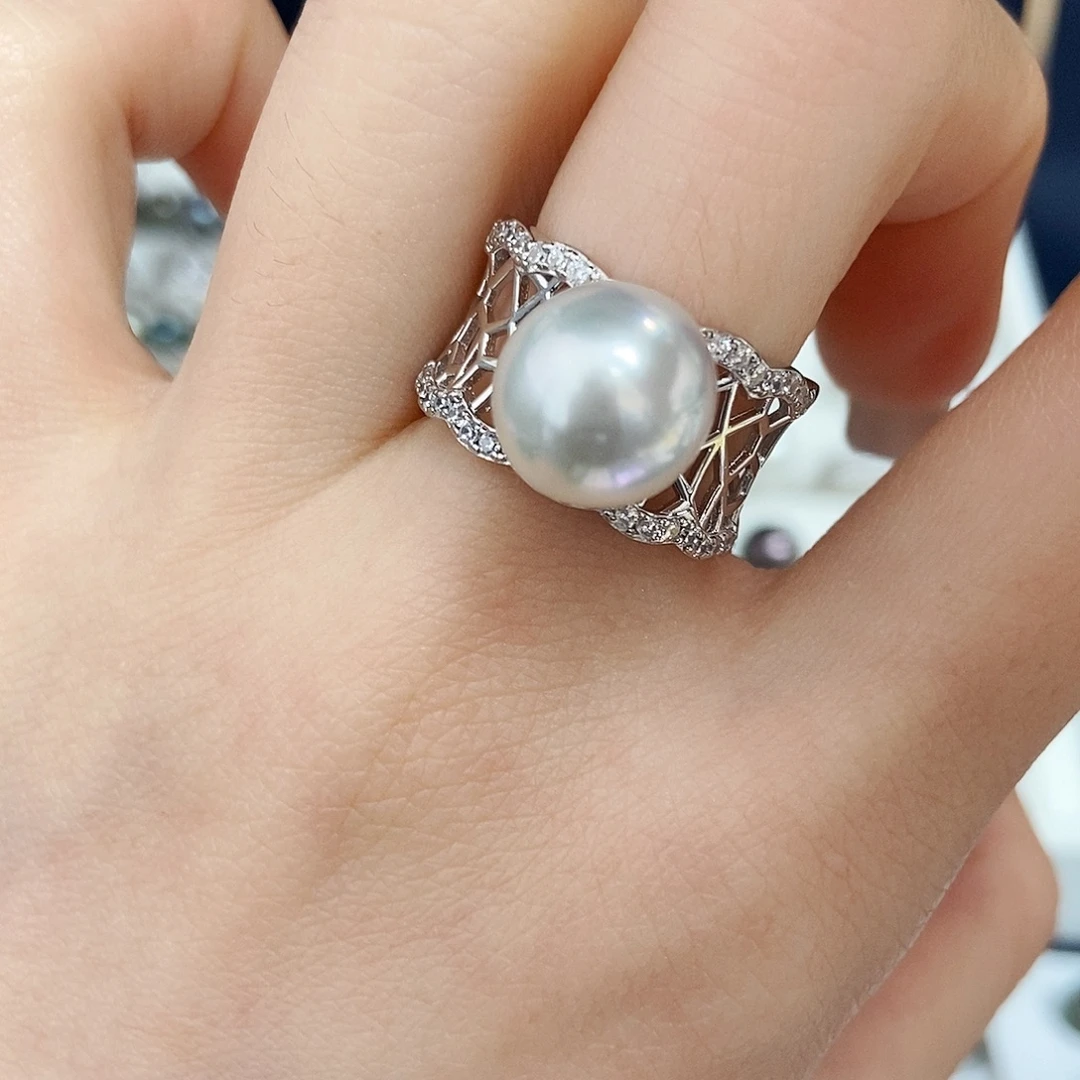 海水珍珠银S925镶嵌戒圈澳白戒指
