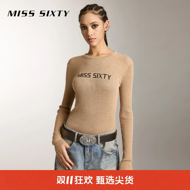 Miss Sixty新款针织衫羊毛含桑蚕丝修身长袖提花撞色流光风