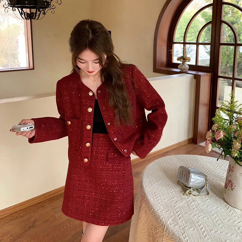 高级感红色小香风套装裙女春季新款法式富家千金超好看气质两件套