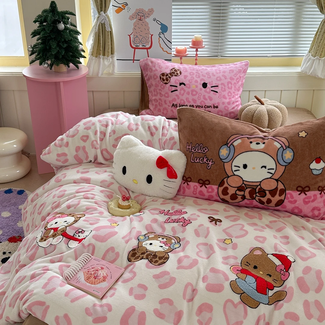 混搭款豹纹！加厚高克重牛奶绒少女心卡通软毛巾绣四件套-蝴蝶结KT