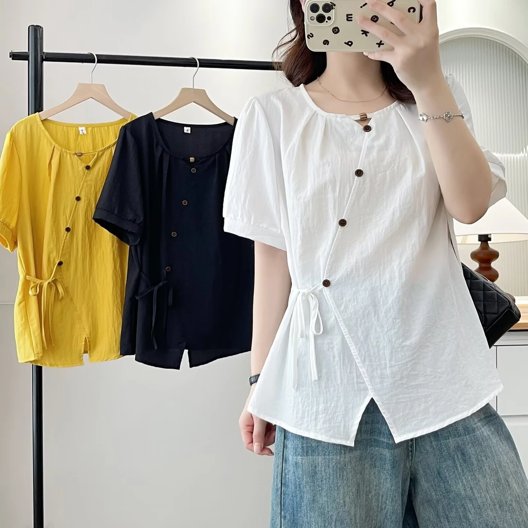 夏季新款设计感系带短袖阔太太气质衬衫女百搭洋气减龄显瘦上衣
