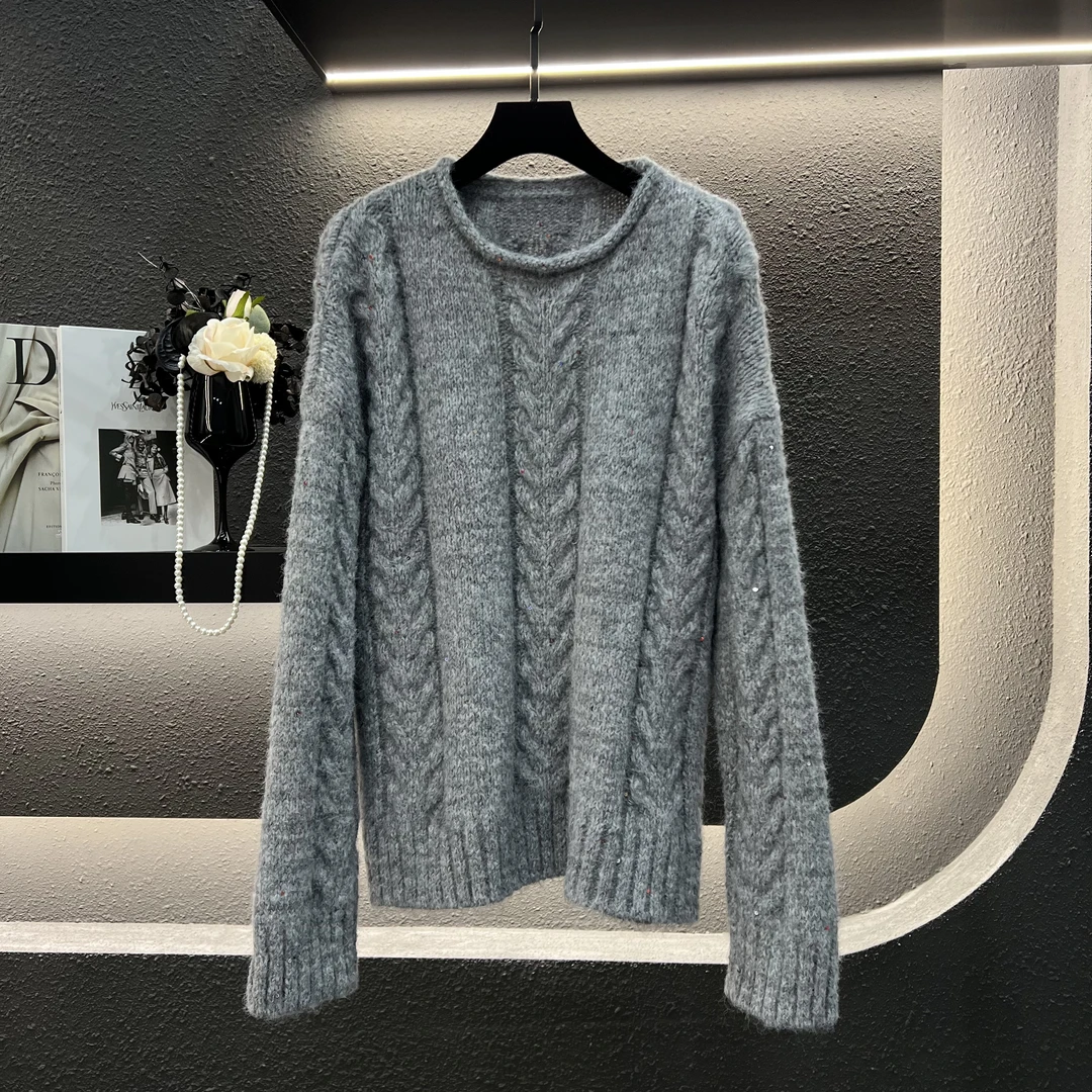 [妮姐]韩版女毛衣V领开衫拼接拼色宽松长袖厚款慵懒风239