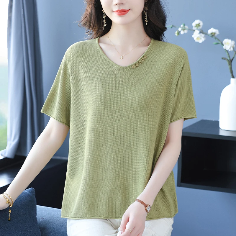 冰丝针织衫女夏装2025新款大码显瘦上衣洋气减龄薄款宽松短袖T恤