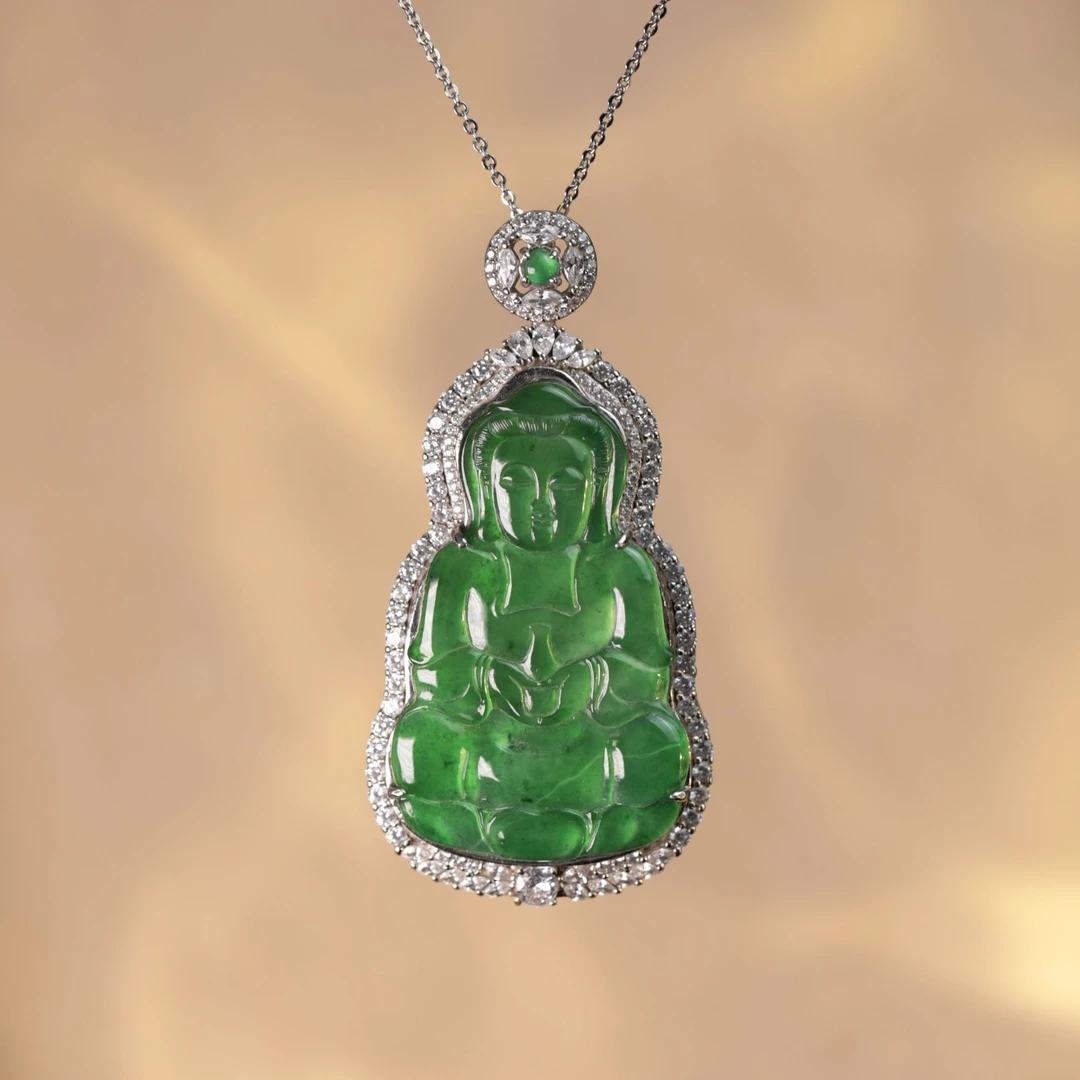 天然A货翡翠阳绿色冰种观音吊坠S925银镶嵌颈饰孤品