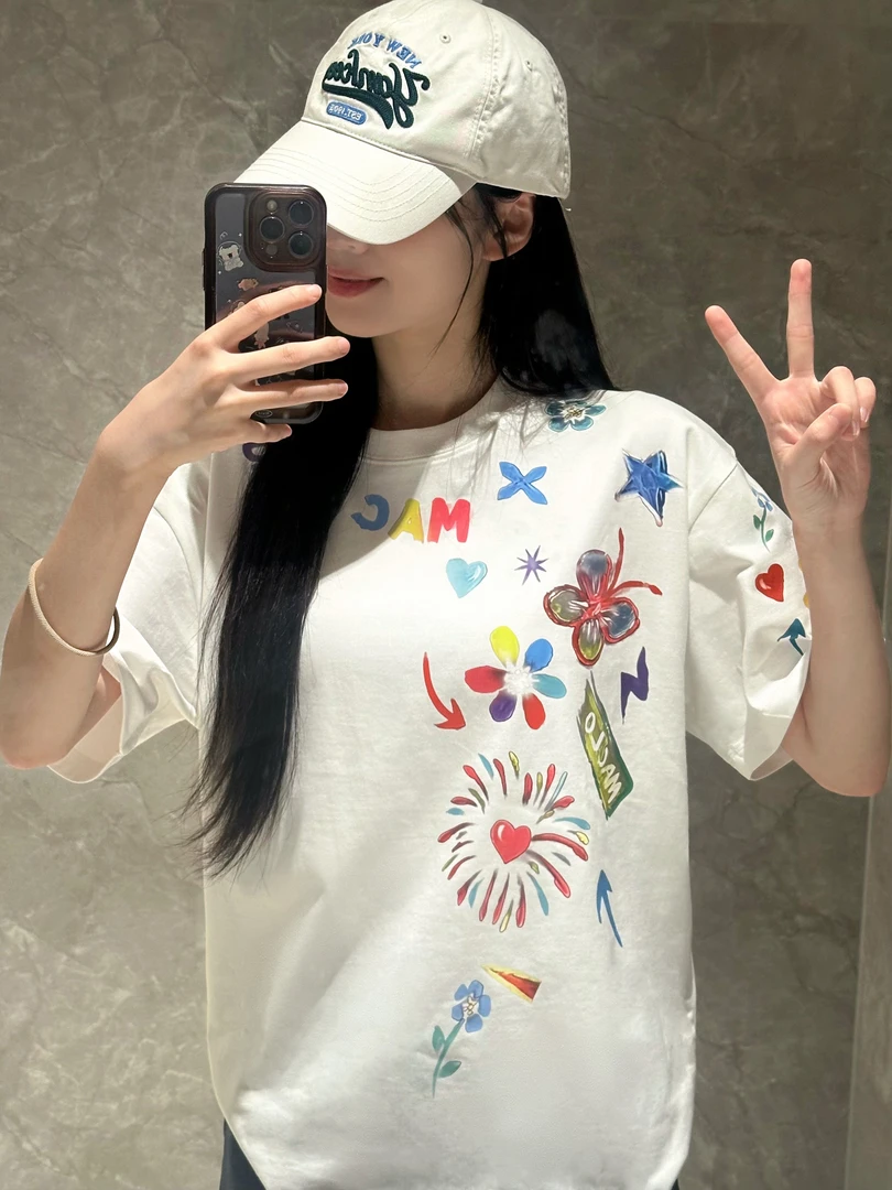 【01-50】短袖圆领情侣彩绘不属于图案T恤印花小众上衣夏季白色纯棉