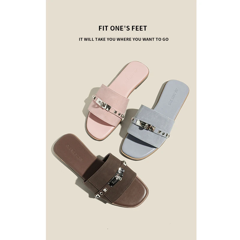 2025夏季新款外穿百搭一字拖鞋法式复古绒面金属小银扣平底拖鞋女
