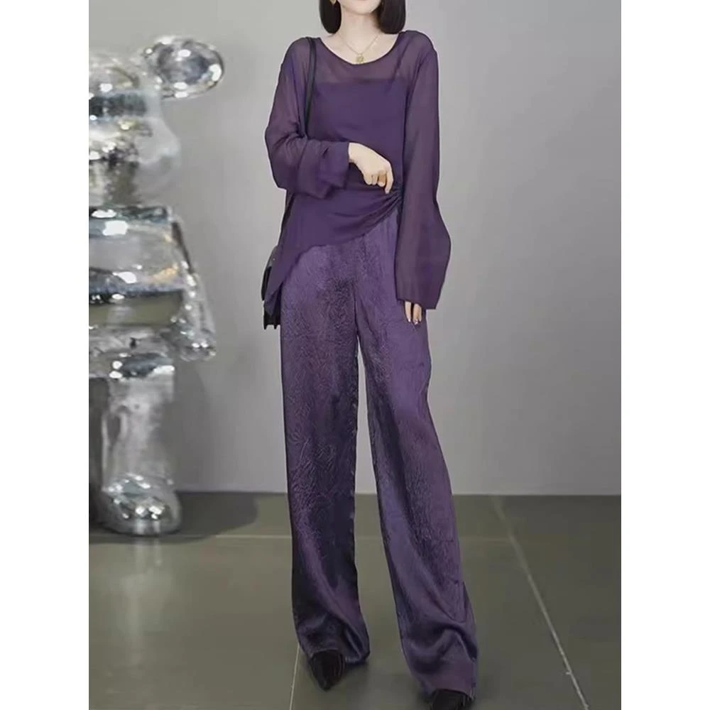 欧货高级感紫色时尚套装女夏季气质2025新款薄款长袖阔腿裤两件套