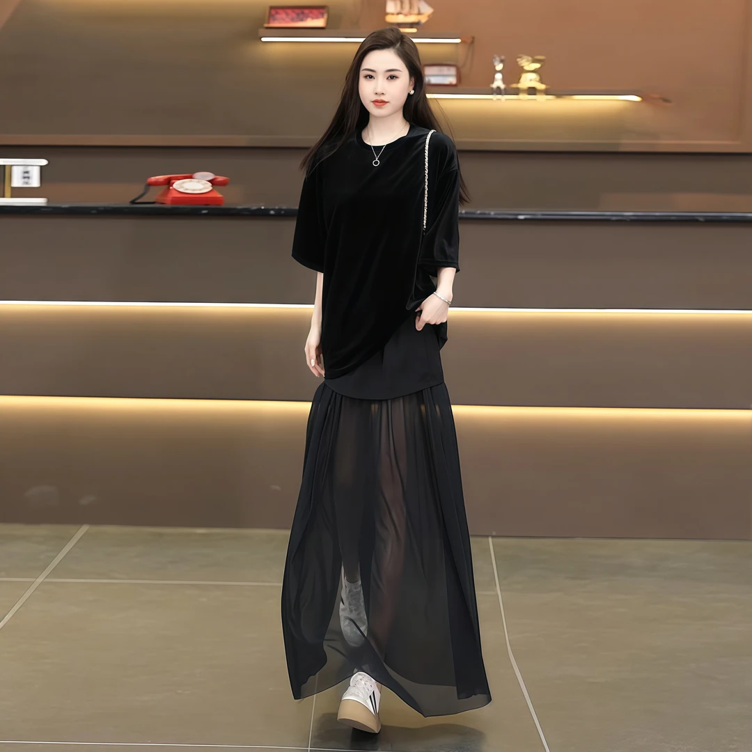 法式小众气质穿搭套装女春夏黑色丝绒短袖t恤网纱半身裙两件套