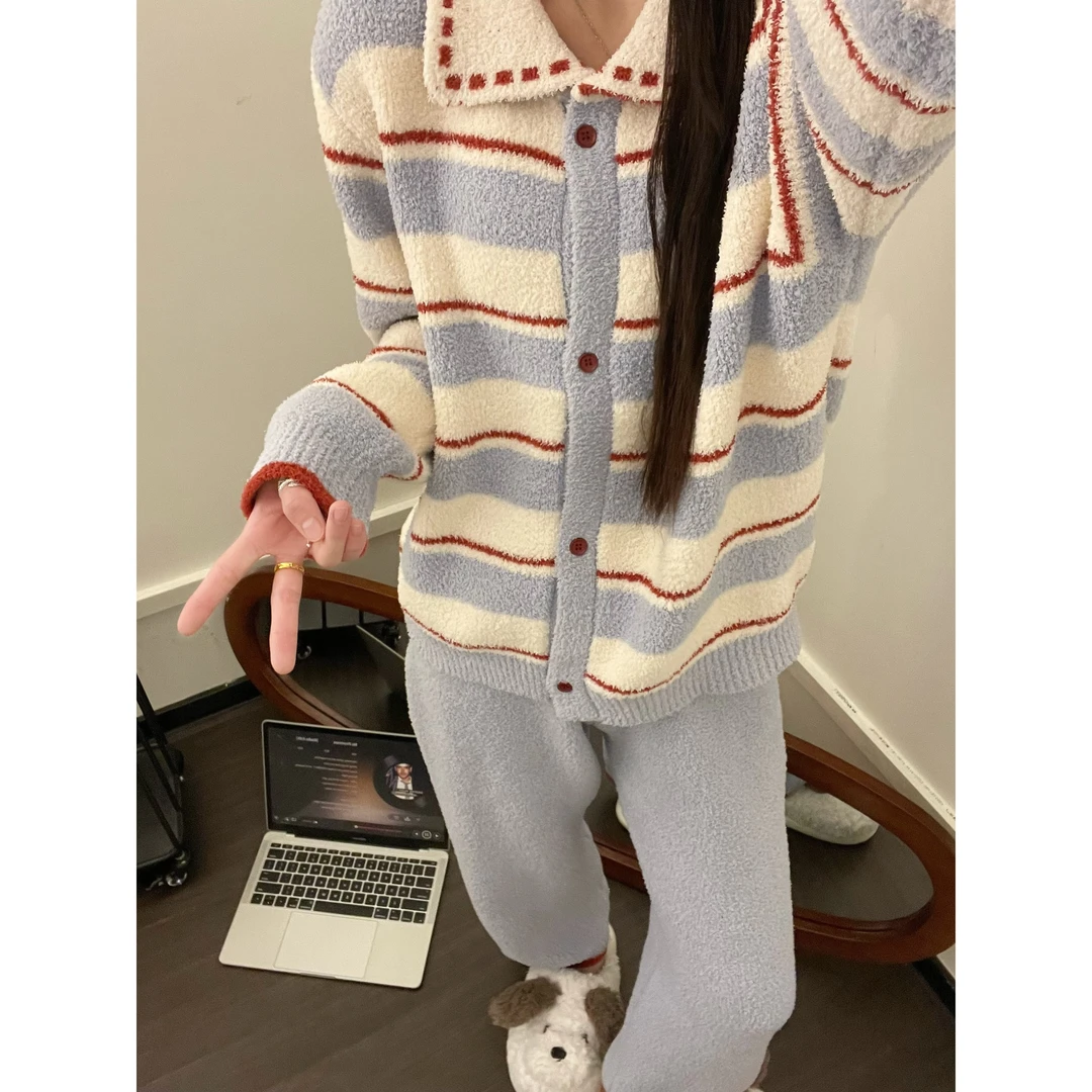 韩版撞色时尚条纹毛衣半边绒睡衣女早秋新款加厚家居服套装可外穿