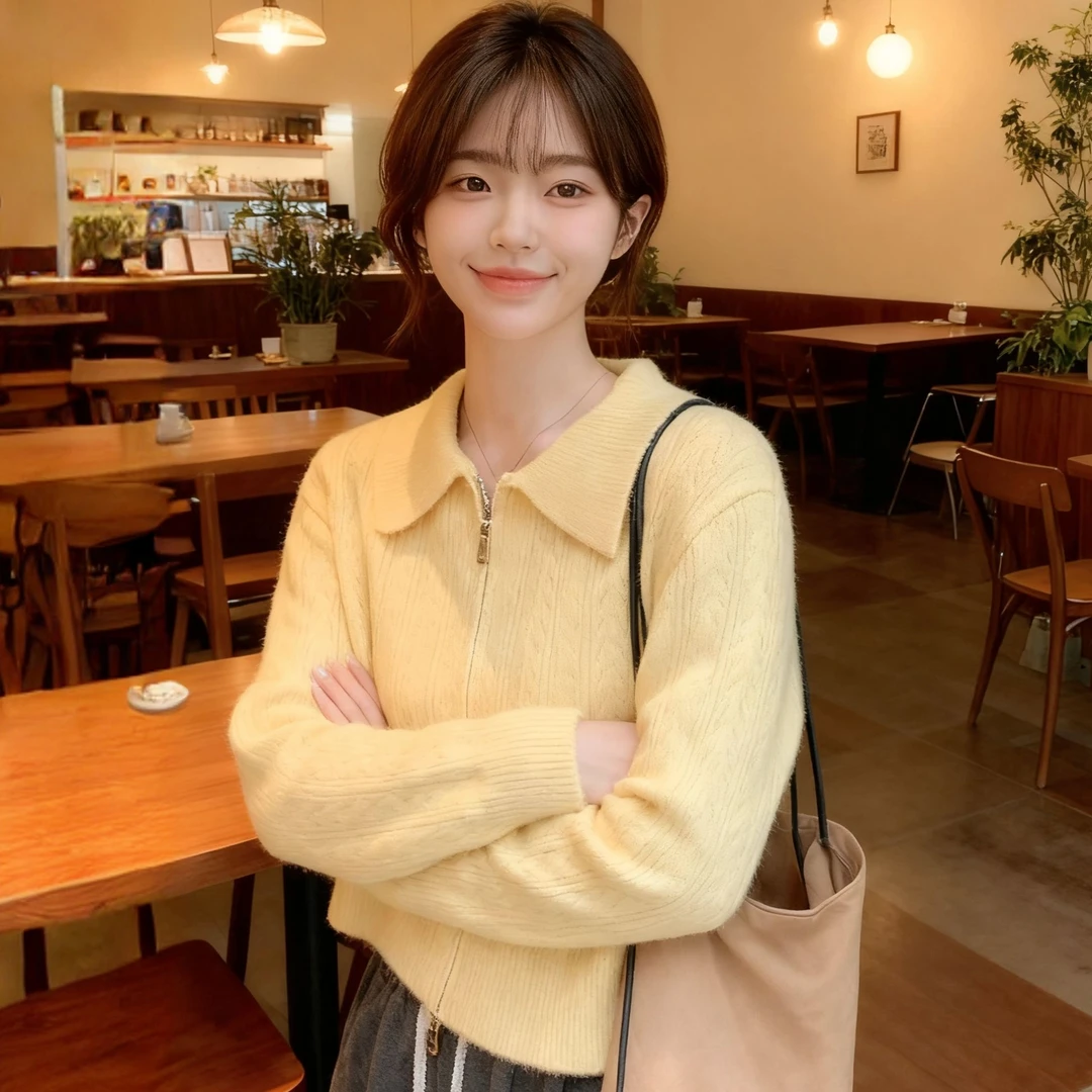 《奶黄色》秋季新款百搭短款针织开衫拉链外套毛衣女可内搭外穿上衣