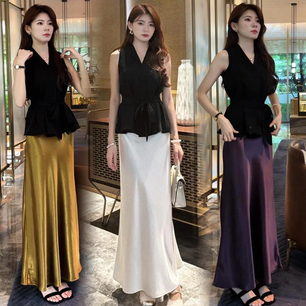 时尚套装裙女2025夏季新款气质领绑带收腰无袖衬衫半身裙两件套