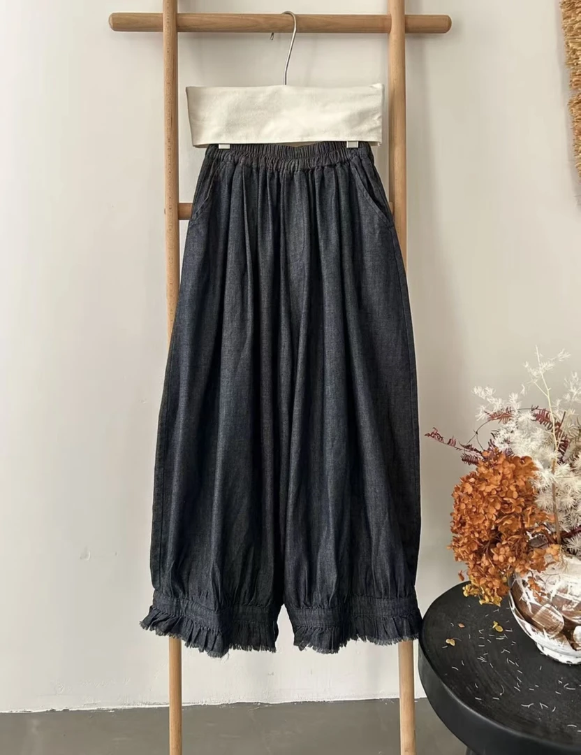 山茶舍新款木耳边夏季薄款九分灯笼休闲裤