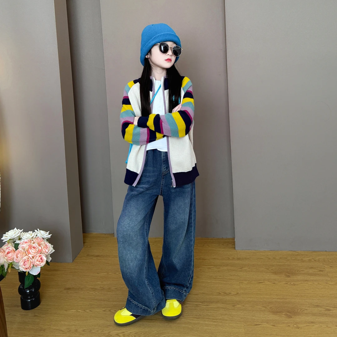 女童2025新款中大童韩版时尚开衫条纹毛衣外套阔腿牛仔裤套装潮酷