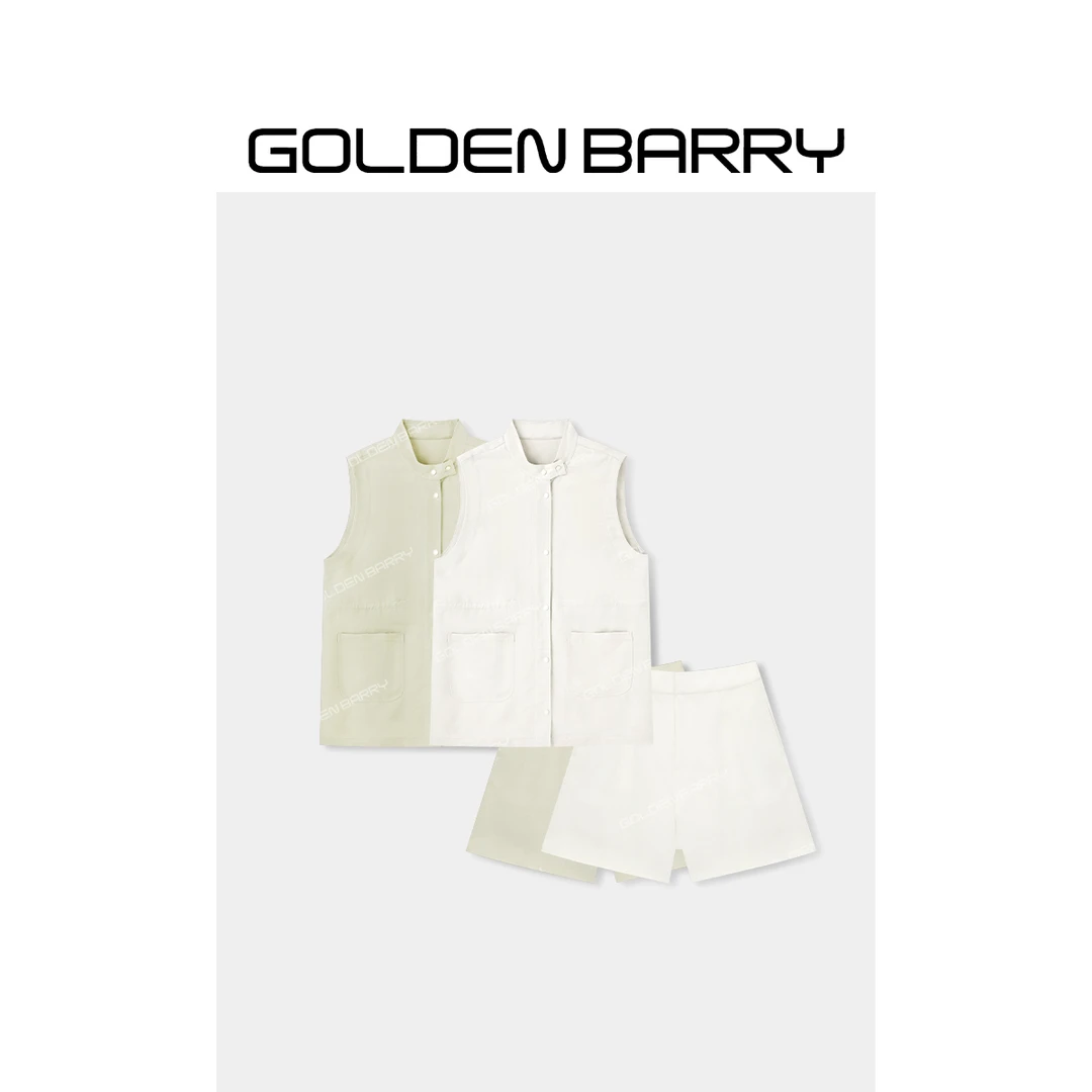 GOLDENBARRY|123173/561098老钱风立领工装马甲/丝麻短裤
