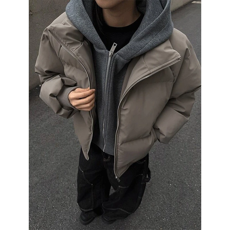 美拉德咖灰色pu皮假两件连帽男秋冬加厚保暖短款立领棉衣夹克外套